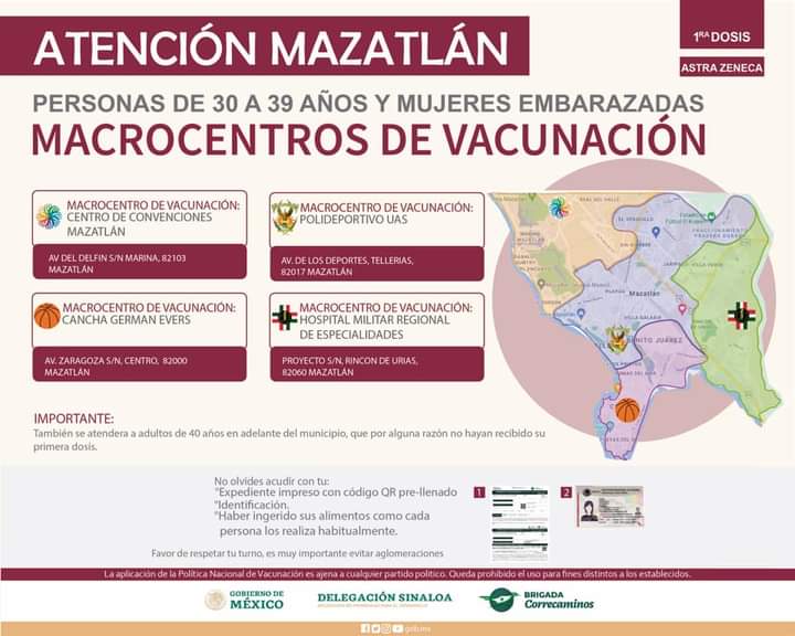 Del 11 al 15 de julio vacunarán a los de 30 a 39 años en Mazatlán