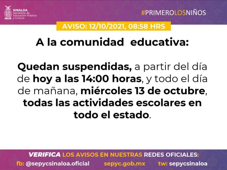 Suspenden clases martes y miércoles en Sinaloa