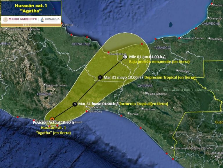 Se debilita Agatha a huracán categoría 1 en Oaxaca