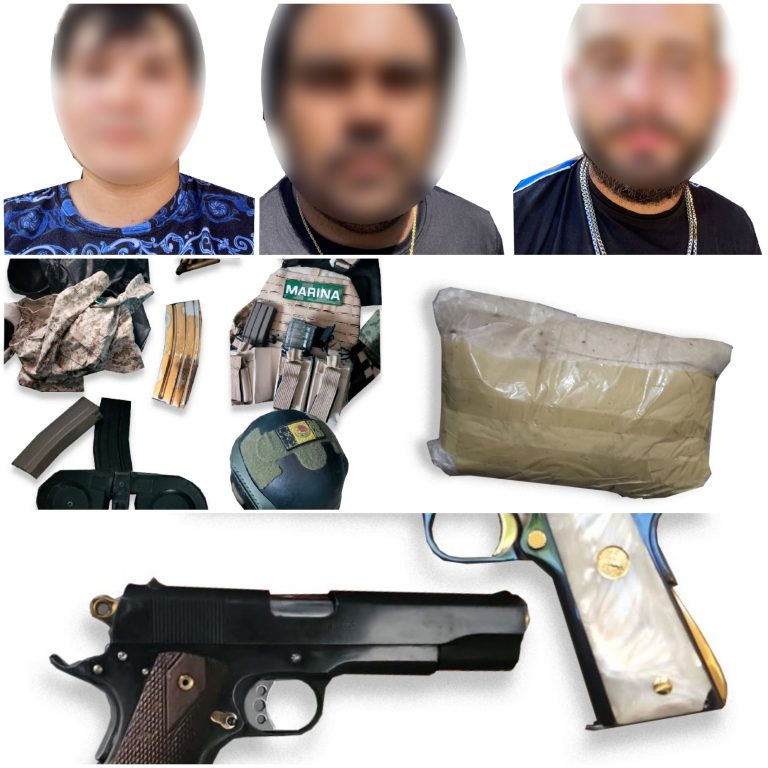 Aseguran a tres civiles, armas, vehículos y presunta droga