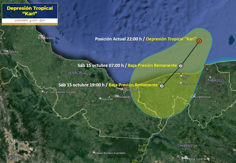 Se debilita Karl a depresión tropical frente a Tabasco
