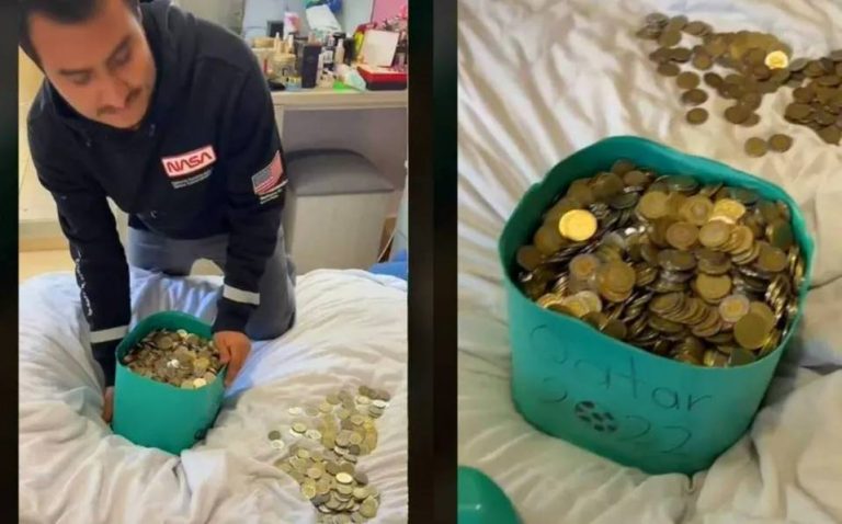 Joven ahorró miles de monedas de 5 y 10 pesos para ir a Qatar