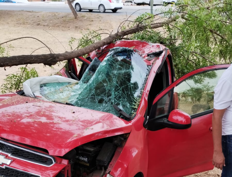 Herido y con el auto destrozado termina chofer en camellón