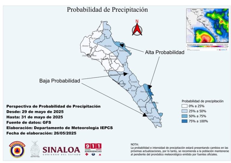 Aumentaría desde este jueves probabilidad de lluvias en Sinaloa
