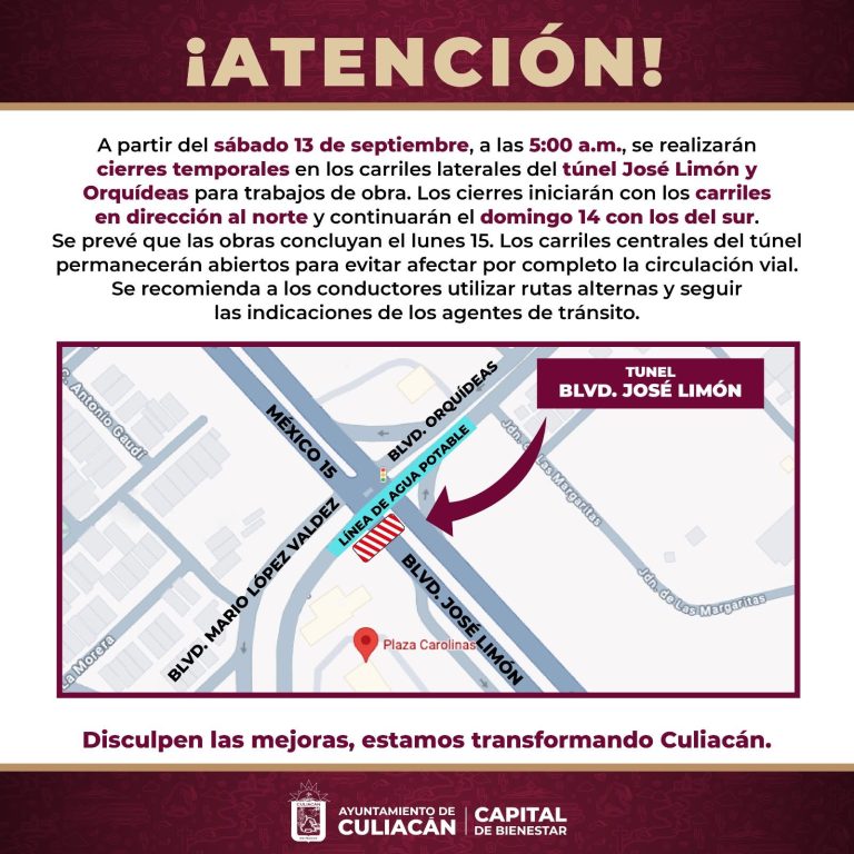 Cierran temporalmente laterales del túnel José Limón y Orquídeas