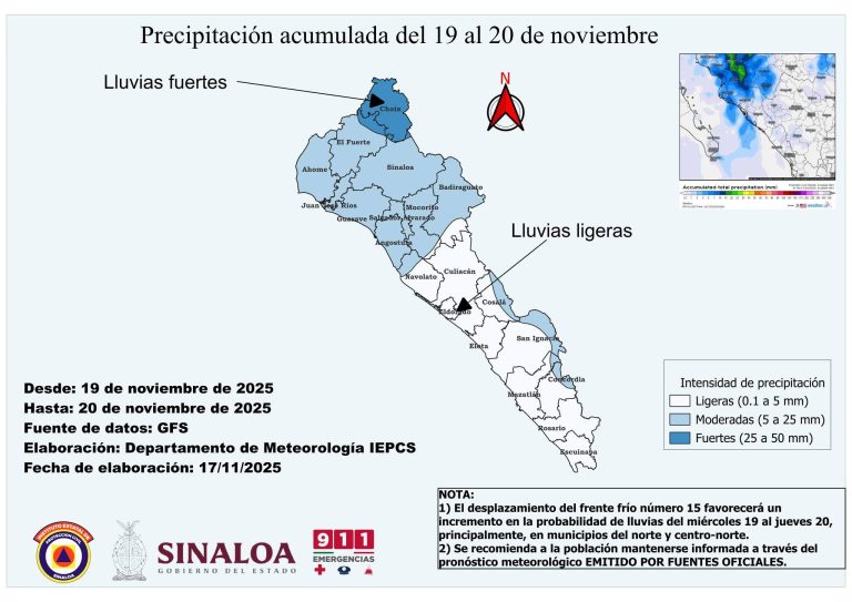 Pronostican lluvia por frente frío en Sinaloa
