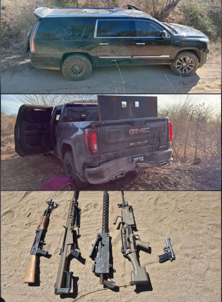Aseguran autos blindados, un fusil calibre y dos ametralladoras tras ataque a militares
